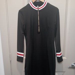 Women's black. Zippered striped trim long sleeve dress